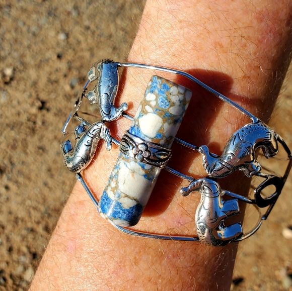 New Unique Cylinder Shaped Mosaic Jasper 925 Silver Bracelet. - Picture 7 of 12